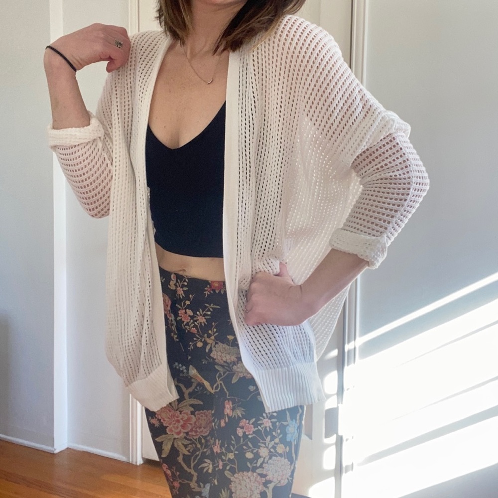 Drapey White Open Knit Cardigan 3/4 sleeve
